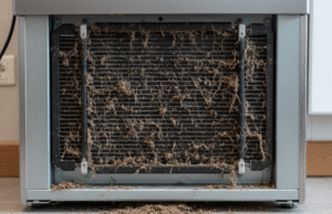 Dusty refrigerator condenser coils at back of fridge requiring cleaning for UAE summer maintenance