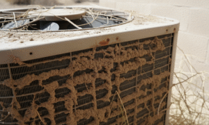 Dirty clogged AC condenser coils covered with desert dust requiring professional cleaning in Dubai