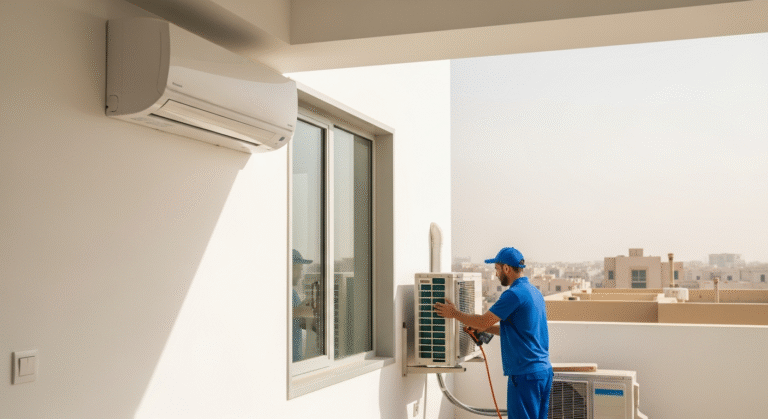 Split AC unit mounted on Dubai apartment wall requiring summer maintenance in UAE extreme heat